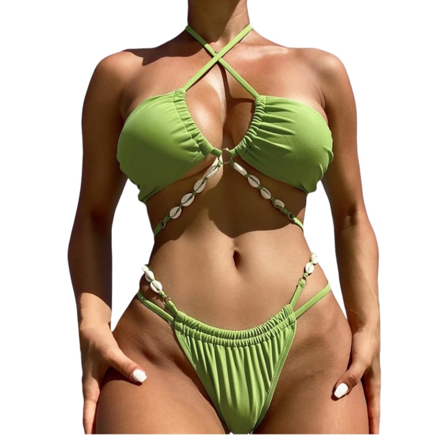 Luxury Shell Design Bikini Set Halter Bandage Cross  Triangle Micro Swimwear